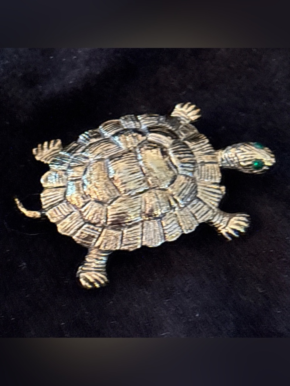 Gerry's Sea Turtle with Green Rhinestone Eyes Vintage Goldtone Pin Brooch